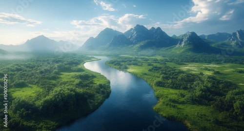 A river runs through a lush green forest