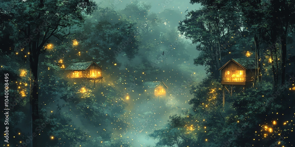 Magical treehouses glowing with light in the forest. Magical treehouses glowing with light in the forest.