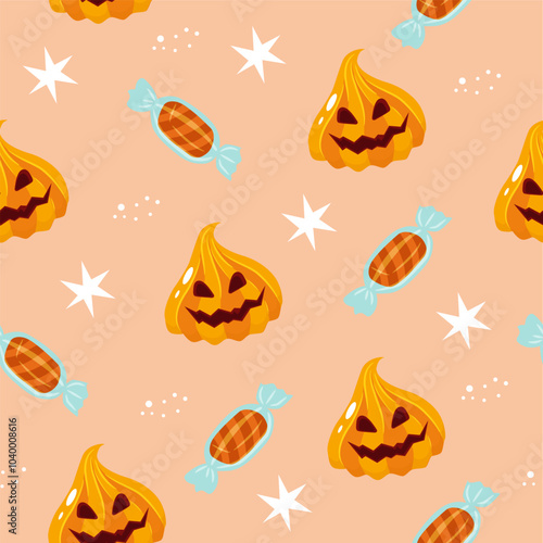 Vector illustration seamless pattern. Background of Halloween trick or treat candies. Bright candies and sweets in the traditional colors of Halloween.