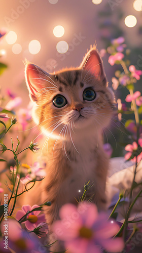 cute cat in flower bokeh, close-up of a cute cat in d disneypixar style, sitting on a bed surrounded by pink flowers with bokeh lighting photo