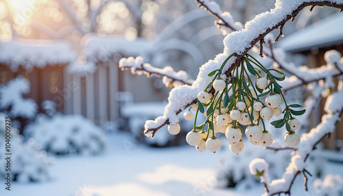 Snow-covered mistletoe branch in winter garden