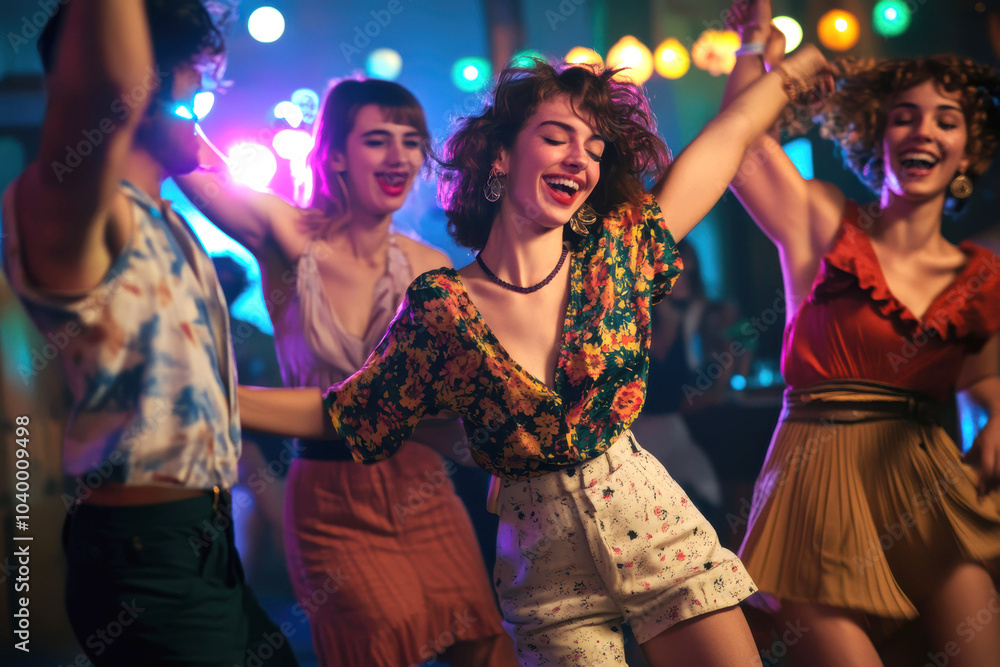 Group of Friends Joyfully Dancing at a Lively Party Under Colorful Lights, Celebrating and Having Fun Together Group of Friends Joyfully Dancing at a Lively Party Under Colorful Lights, Celebrating and Having Fun Together