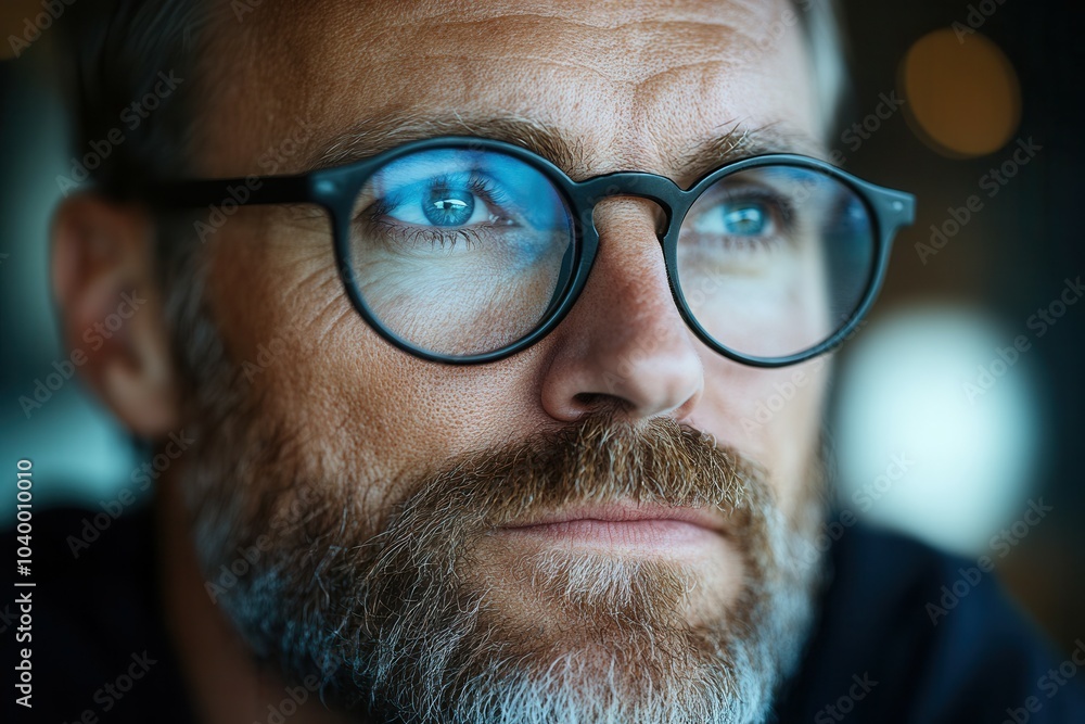 A man with a salt-and-pepper beard and round glasses gazes thoughtfully into the distance. The warm lighting and blurred background create a cozy atmosphere, suggesting a moment of reflection or conte A man with a salt-and-pepper beard and round glasses gazes thoughtfully into the distance. The warm lighting and blurred background create a cozy atmosphere, suggesting a moment of reflection or conte