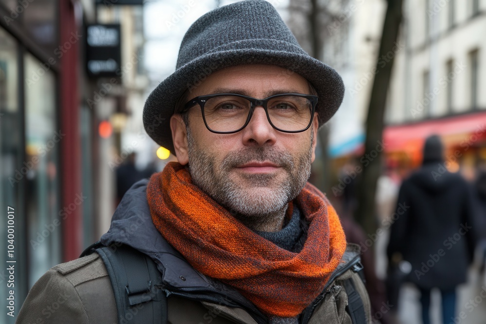A well-dressed man stands in a busy urban area, wearing a gray hat and an orange scarf. The background features blurred pedestrians, indicating a lively atmosphere on a cool day. Trees and storefronts A well-dressed man stands in a busy urban area, wearing a gray hat and an orange scarf. The background features blurred pedestrians, indicating a lively atmosphere on a cool day. Trees and storefronts