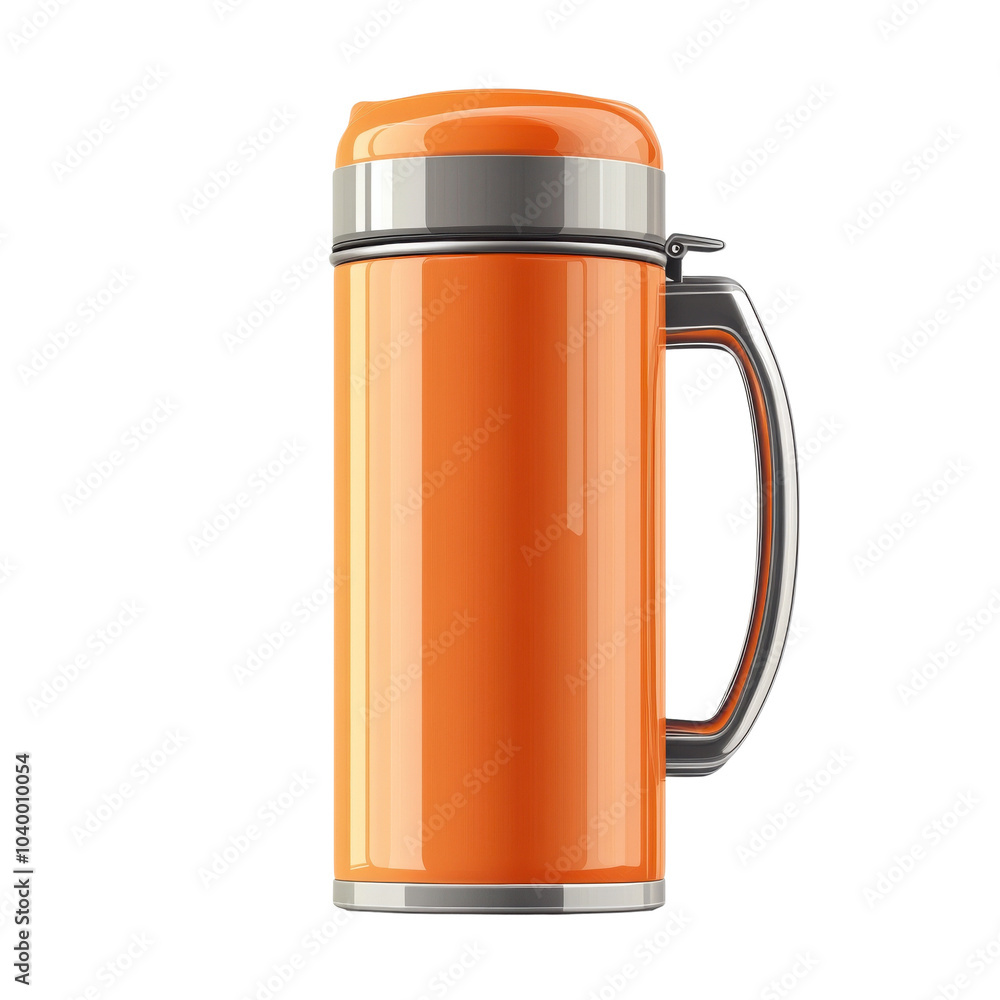 Orange thermos with a sleek design, isolated on a white background. Orange thermos with a sleek design, isolated on a white background.