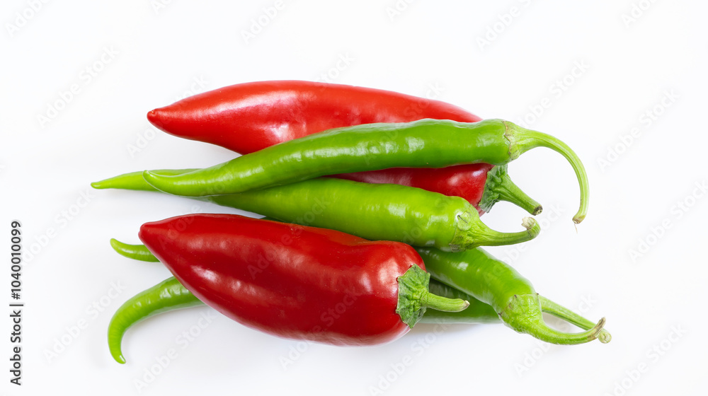 Ripe fruits of green and red chilli peppers isolated on white background Ripe fruits of green and red chilli peppers isolated on white background