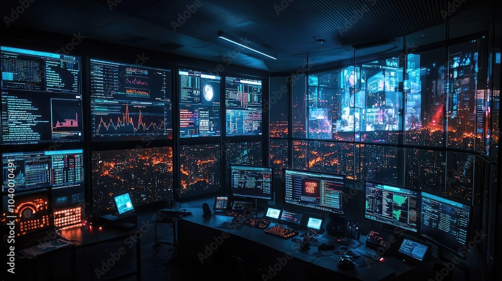 High-tech control room with multiple digital screens displaying data and city views. High-tech control room with multiple digital screens displaying data and city views.