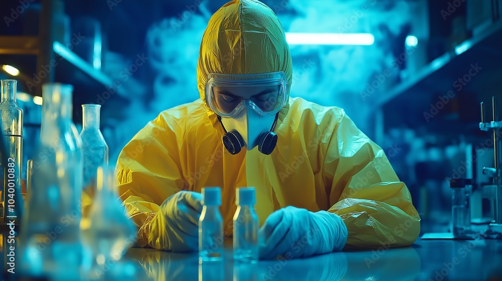 Scientist in Hazmat Suit Examining Samples in High-Tech Laboratory Scientist in Hazmat Suit Examining Samples in High-Tech Laboratory