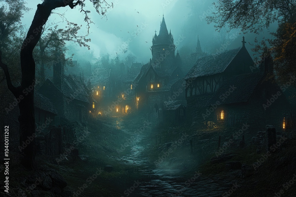 A Foggy, Twilight View of a Stone Medieval Village A Foggy, Twilight View of a Stone Medieval Village