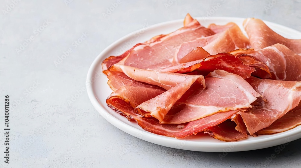 Sliced ham served on a plate, ready for delicious dishes. Sliced ham served on a plate, ready for delicious dishes.