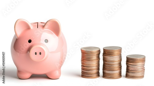 Vibrant pink piggy bank and a set of rising coin stacks standing on a bright white background illustrating the concept of savings accumulation and financial growth