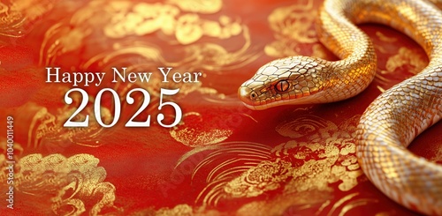 Banner Happy Chinese New Year 2025, Lunar Year of the Snake Zodiac, Gold snake in the background, copy space