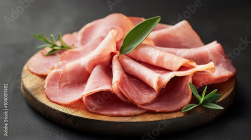 Sliced ham arranged on a wooden board with decorative greens.