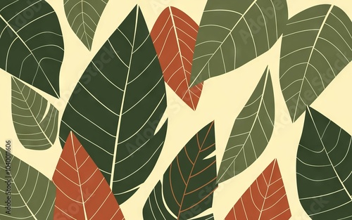 Green and red leaves pattern. A simple yet elegant pattern featuring green and red leaves on a cream background, evoking a sense of nature and tranquility.