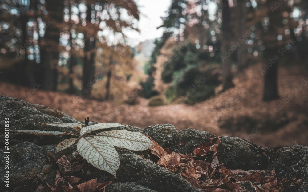 Autumn leaf on stone. A single leaf rests on a rock in a forest, symbolizing nature's beauty and the passage of time. The blurred background of trees adds a sense of tranquility and peace. Autumn leaf on stone. A single leaf rests on a rock in a forest, symbolizing nature's beauty and the passage of time. The blurred background of trees adds a sense of tranquility and peace.