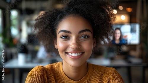 A joyful young woman beams a bright smile, dressed in a mustard sweater, her infectious positivity lighting up a modern workspace with a background of plants and soft lighting, evoking cheerfulness an