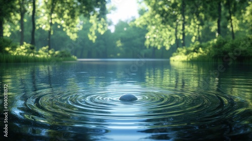 Serene lake scene with ripples and lush greenery reflected.