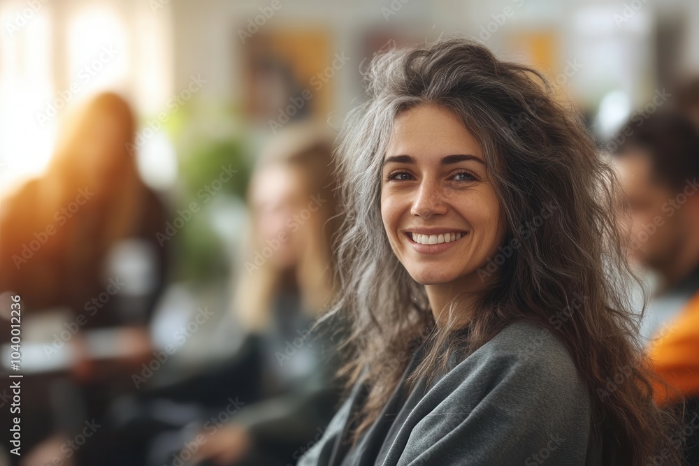 A bright and cheerful woman with wavy hair smiles broadly while seated in a lively gathering. The sunlight filters through the windows, creating a warm and inviting atmosphere filled with friends enga A bright and cheerful woman with wavy hair smiles broadly while seated in a lively gathering. The sunlight filters through the windows, creating a warm and inviting atmosphere filled with friends enga