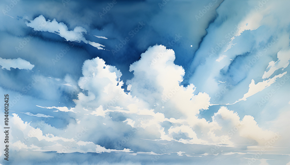 Fototapeta premium Watercolor painting of a blue sky with soft white clouds. Add soft shadows of the clouds to create depth.