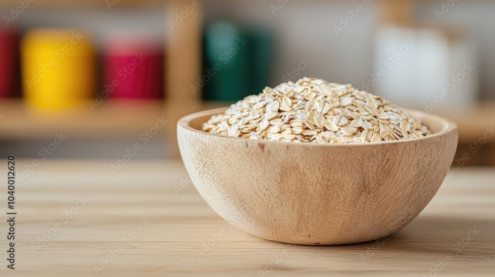 Oats in a wooden bowl, natural light, kitchen background, healthy eating. Oats in a wooden bowl, natural light, kitchen background, healthy eating.