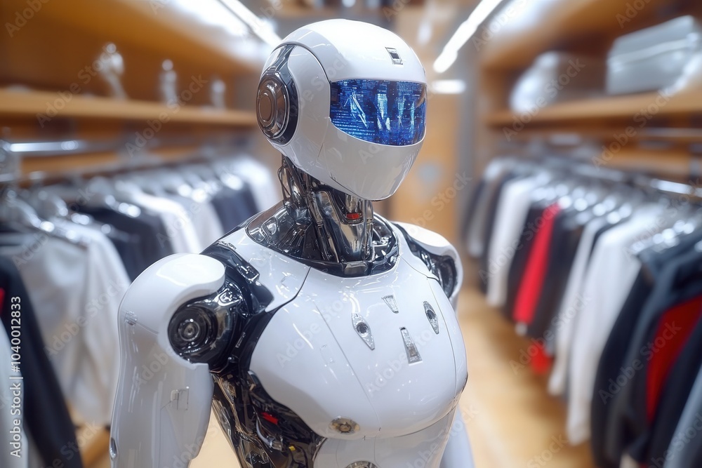A glossy, high-tech humanoid robot showcases futuristic styling, poised amidst modern clothing display racks, symbolizing advanced technology and innovation. A glossy, high-tech humanoid robot showcases futuristic styling, poised amidst modern clothing display racks, symbolizing advanced technology and innovation.