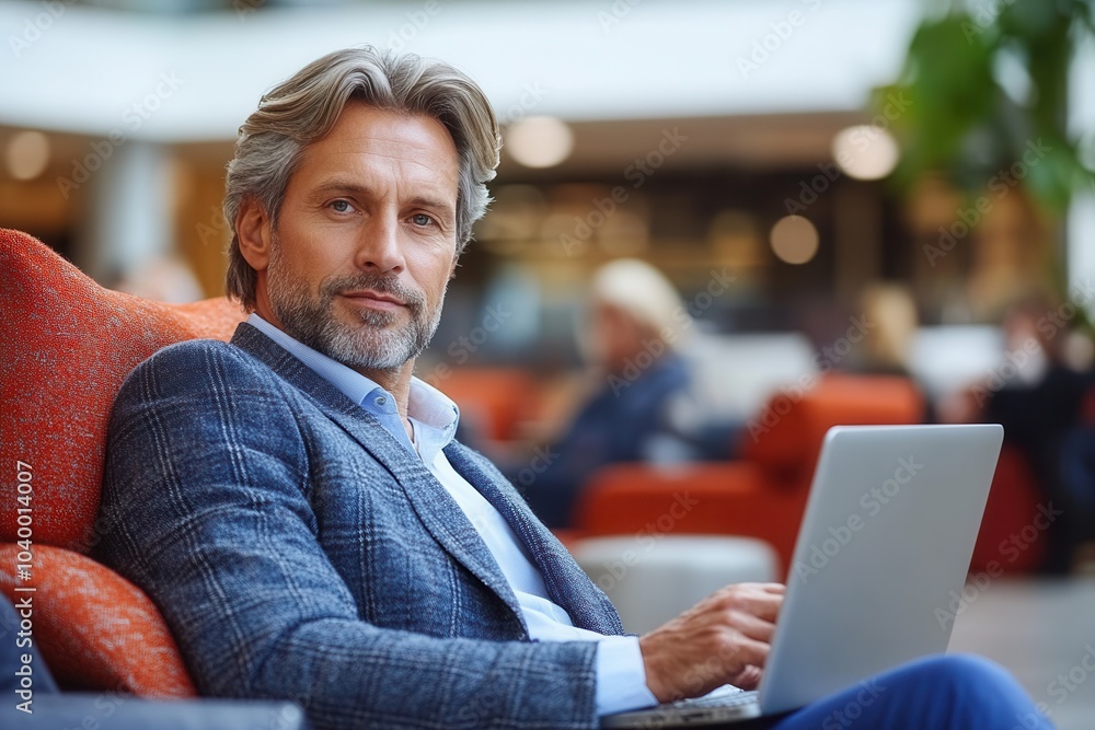A calm, mature man in a checked blazer relaxes with a laptop in a modern lounge, characterized by vibrant furniture. The atmosphere is bright and inviting. A calm, mature man in a checked blazer relaxes with a laptop in a modern lounge, characterized by vibrant furniture. The atmosphere is bright and inviting.