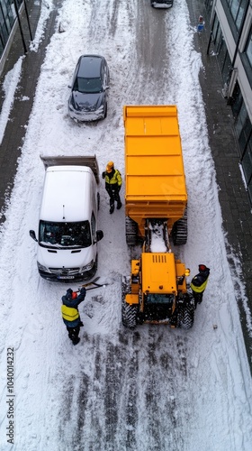 A backhoe is actively removing snow from a parking lot, uncovering vehicles hidden beneath white layers in winter photo