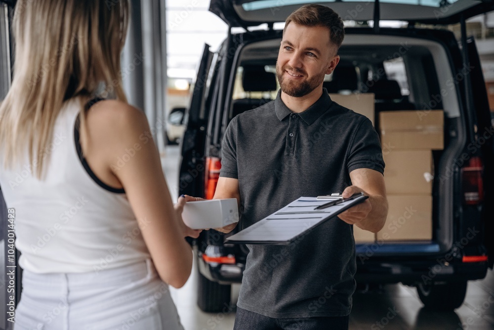 Customer is taking her order. Woman is with delivery man, with the car Customer is taking her order. Woman is with delivery man, with the car
