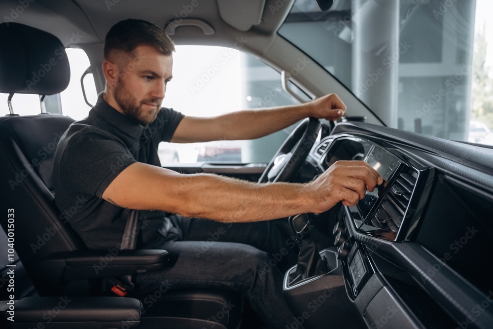 View from the side. Man is sitting in the car, driver View from the side. Man is sitting in the car, driver