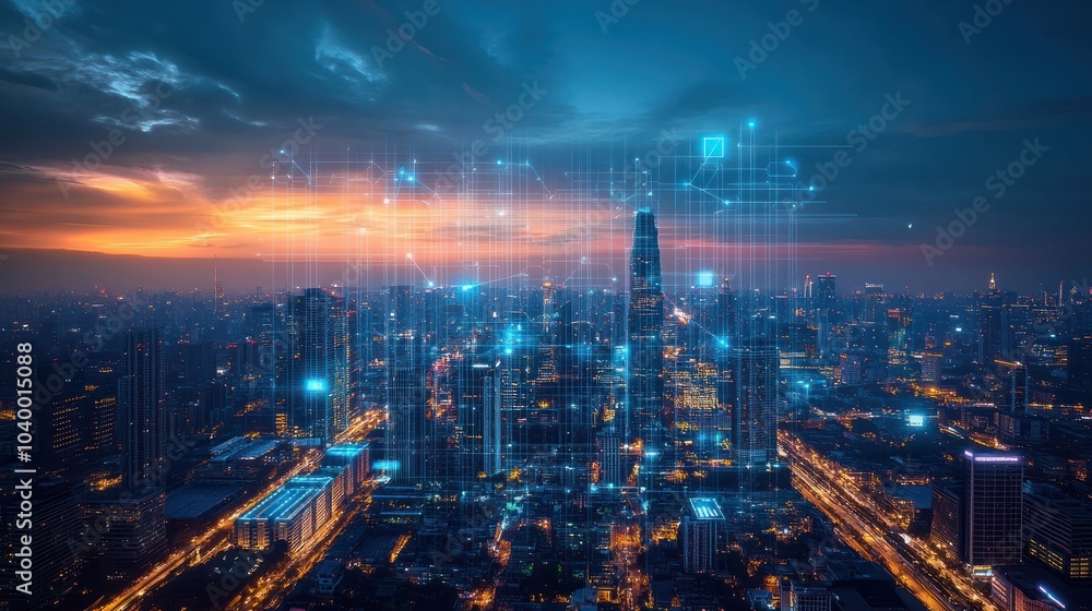 A smart city with a connected network and internet of things. A smart city with a connected network and internet of things.