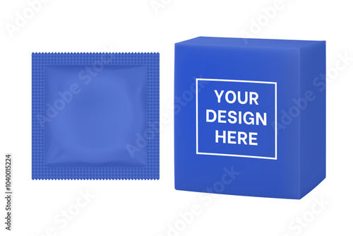 Blue condom packaging mockup. Contraception method, safe love. Foil pouch and box	