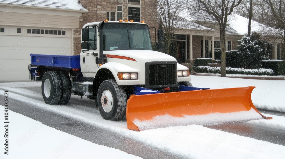 A snow plow is actively clearing a parking lot at an industrial building, removing heavy snow from the ground. A snow plow is actively clearing a parking lot at an industrial building, removing heavy snow from the ground.