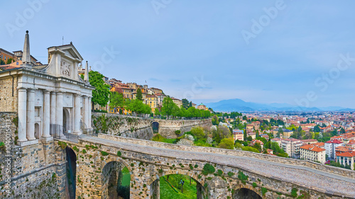 Panorama of the viaduct and Porta San Giacomo in Bergamo, Italy photo