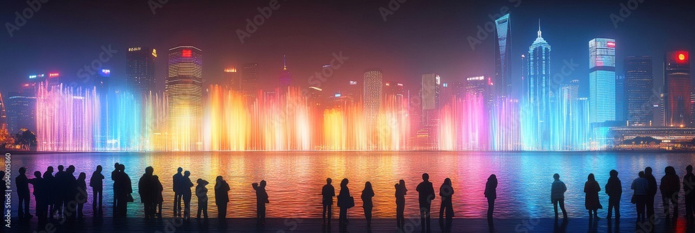 Nighttime festival showcasing vibrant skyscraper lights, colorful reflections dancing on water, creating a magical urban atmosphere Nighttime festival showcasing vibrant skyscraper lights, colorful reflections dancing on water, creating a magical urban atmosphere