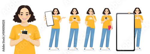 Young beautiful woman holding mobile phone, talking, texting, looking and showing empty screen isolated vector illustration