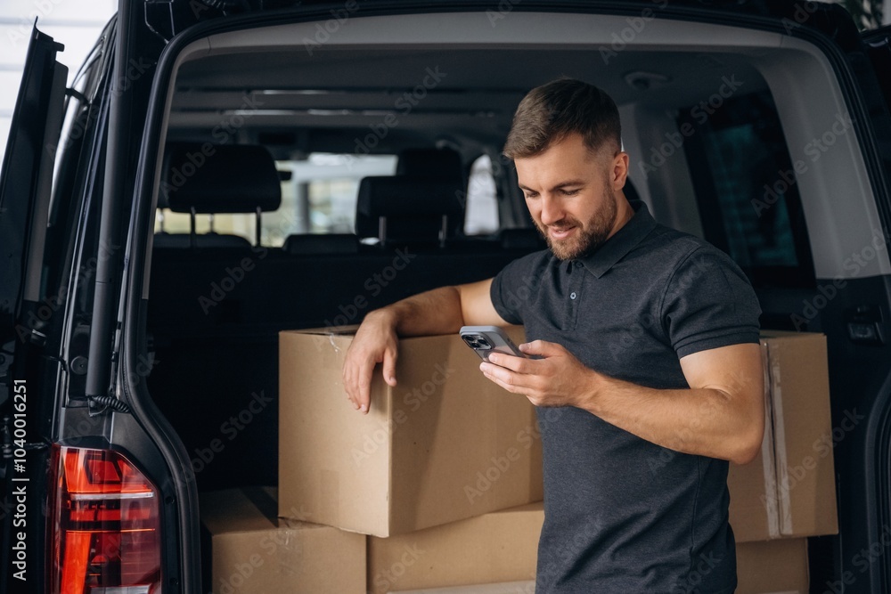 Using the smartphone. Delivery man or loader is near the car with a box Using the smartphone. Delivery man or loader is near the car with a box