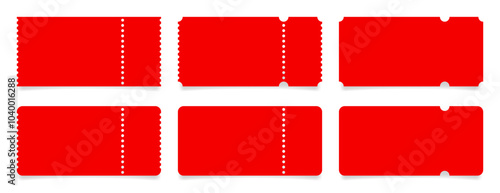 Set of red ticket mockups with ruffle edges and shadows. Empty template. Concert, movie or theater ticket. Boarding blank, lottery, sale coupon	