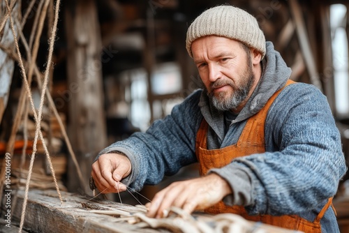 A skilled craftsman is focused on weaving materials inside a rustic workshop.