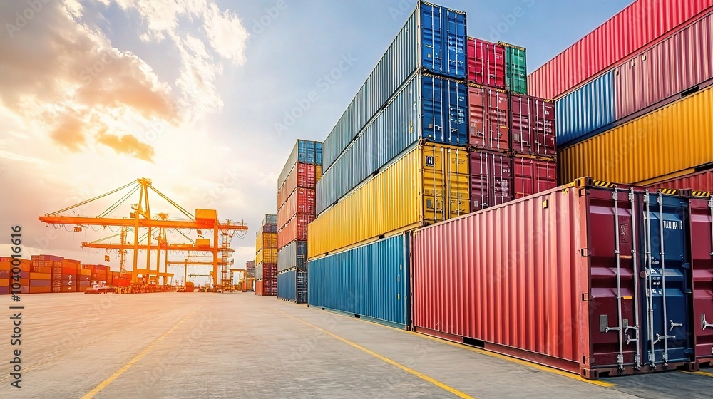 Fototapeta premium Colorful Shipping Containers at Sunset