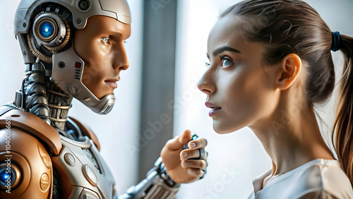 Human Robot Collaboration Future Goals Plain Background Image Symbolizing Shared Vision Together Pointing Forward Stock Photo Concept With Copy Space