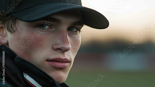 Close-up of professional baseball player 
in uniform, intense expression as he 
prepares to throw the ball during a 
high-stakes playoff game, capturing 
the focus and determination of the athlete. photo