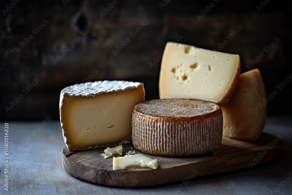 Three Rounds of Aged Cheese on a Wooden Board Three Rounds of Aged Cheese on a Wooden Board