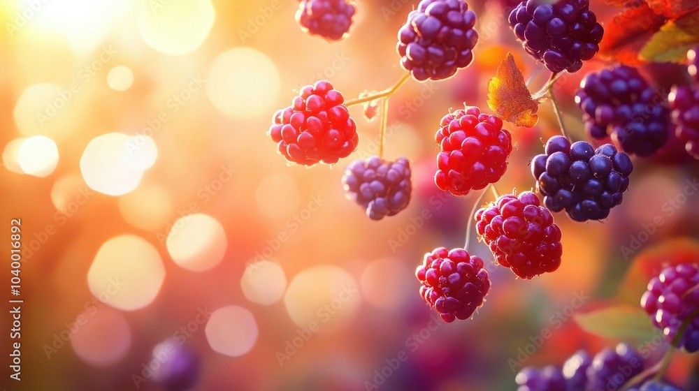 A cascade of fresh, ripe wild berries caught mid-air, with a focus on their bright, glossy appearance and vivid colors, against a sunlit blurred background