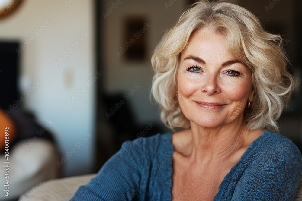 A confident, mature woman with blonde hair and a gentle smile sits comfortably indoors, exuding warmth and contentment in a cozy living space A confident, mature woman with blonde hair and a gentle smile sits comfortably indoors, exuding warmth and contentment in a cozy living space