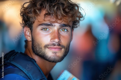 A young man with curly hair and striking green eyes is smiling warmly while holding an object. The background features a blurred, bustling indoor environment, suggesting a lively atmosphere.