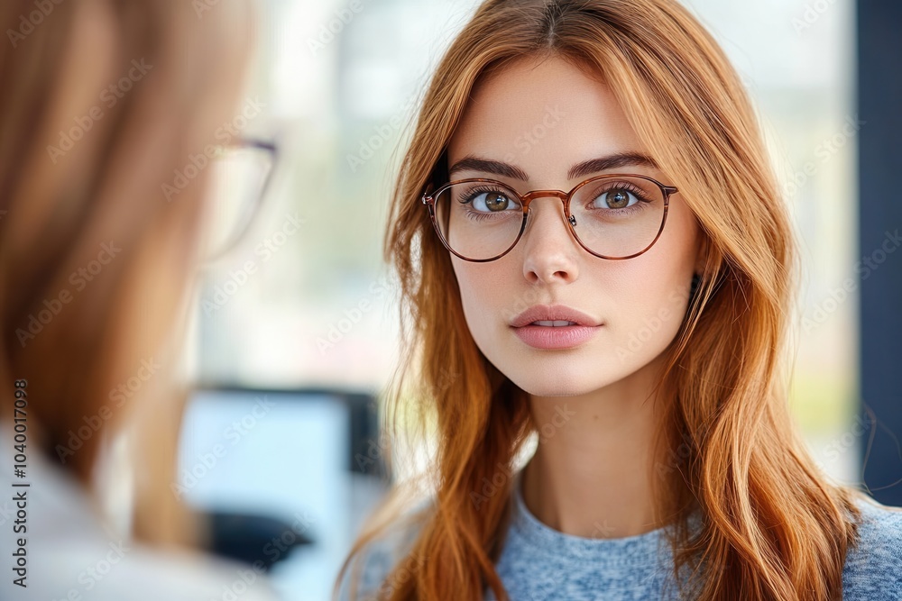 A young woman with long, auburn hair and glasses sits in a contemporary office. She looks directly at her reflection, deep in thought, amidst a bright and airy workspace filled with natural light. A young woman with long, auburn hair and glasses sits in a contemporary office. She looks directly at her reflection, deep in thought, amidst a bright and airy workspace filled with natural light.