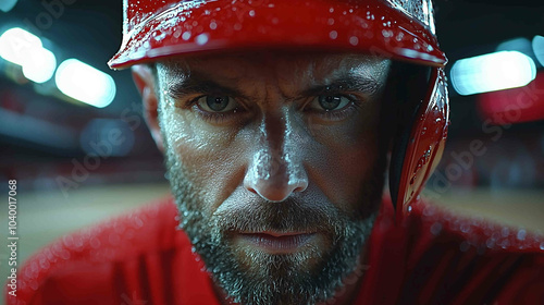 Close-up of professional baseball player 
in uniform, intense expression as he 
prepares to throw the ball during a 
high-stakes playoff game, capturing 
the focus and determination of the athlete. photo