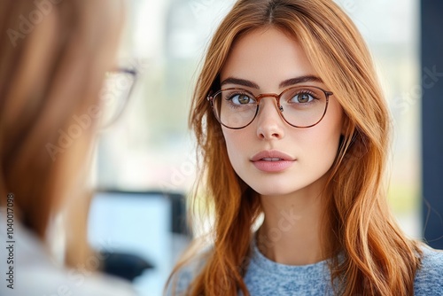 A young woman with long, auburn hair and glasses sits in a contemporary office. She looks directly at her reflection, deep in thought, amidst a bright and airy workspace filled with natural light.