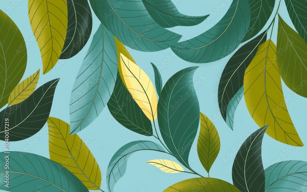Green leaves pattern. Abstract pattern of green leaves on a light blue background, symbolizing growth and new beginnings. Green leaves pattern. Abstract pattern of green leaves on a light blue background, symbolizing growth and new beginnings.