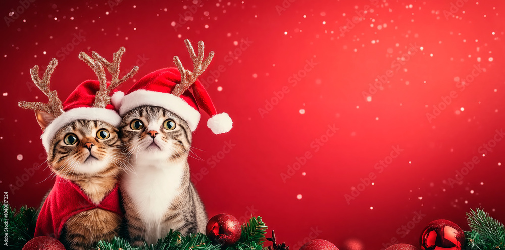 Two kittens dressed in festive costumes with Santa hats and antlers, sitting among Christmas decorations and greenery on a red background with snowflake elements. Holiday and Christmas theme Two kittens dressed in festive costumes with Santa hats and antlers, sitting among Christmas decorations and greenery on a red background with snowflake elements. Holiday and Christmas theme